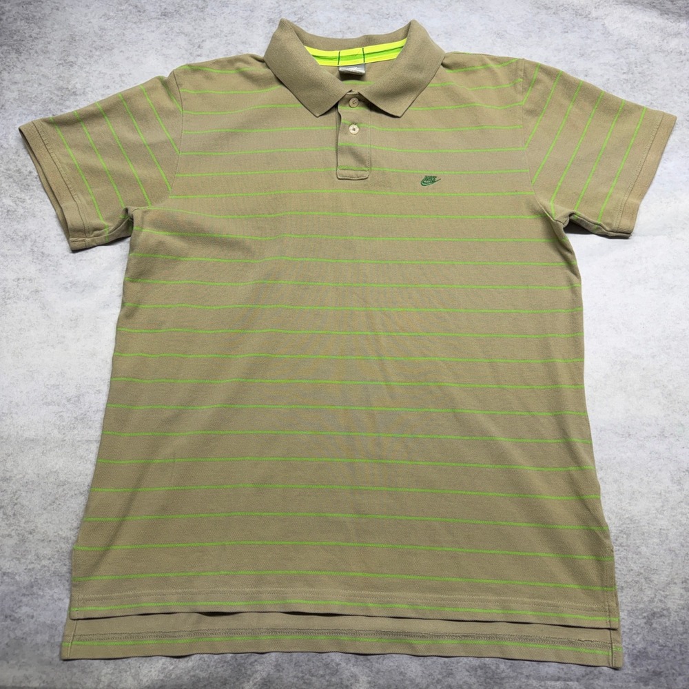 Nike Striped Polo Shirt Tan Lime Green Mens Large‎ Vintage Y2K Skater Streetwear